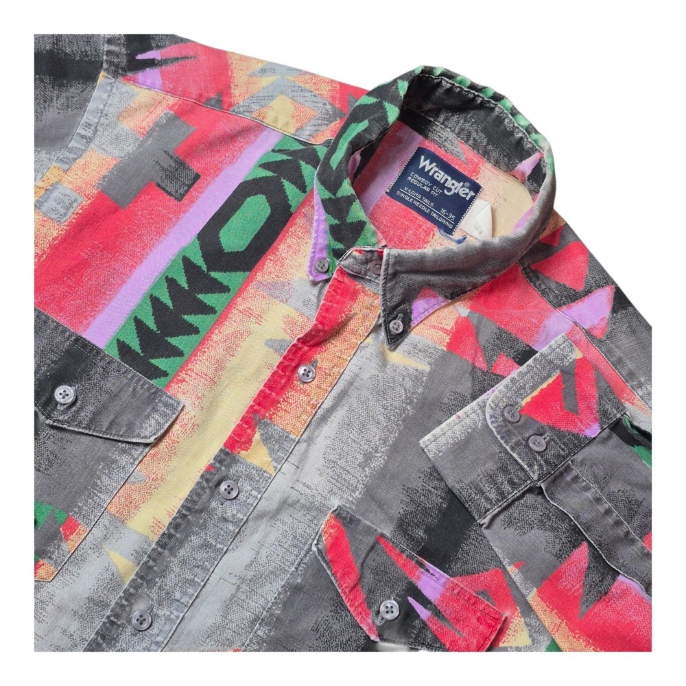 VTG Wrangler Men's L 16-35 Western Button Down Shirt Aztec‎ X-Long Tails